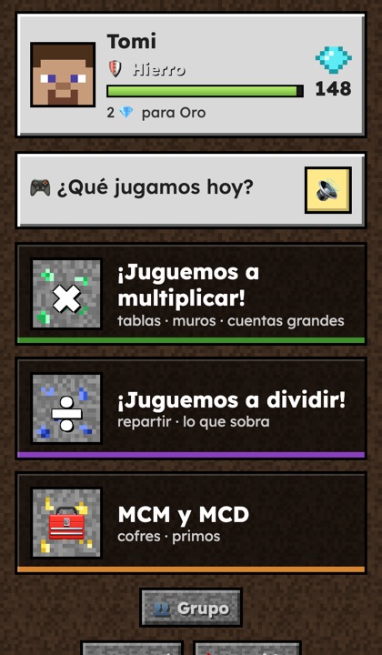Pantalla de inicio de MathCraft: elegir entre multiplicar, dividir o Mínimo Común Múltiplo y Máximo Común Divisor