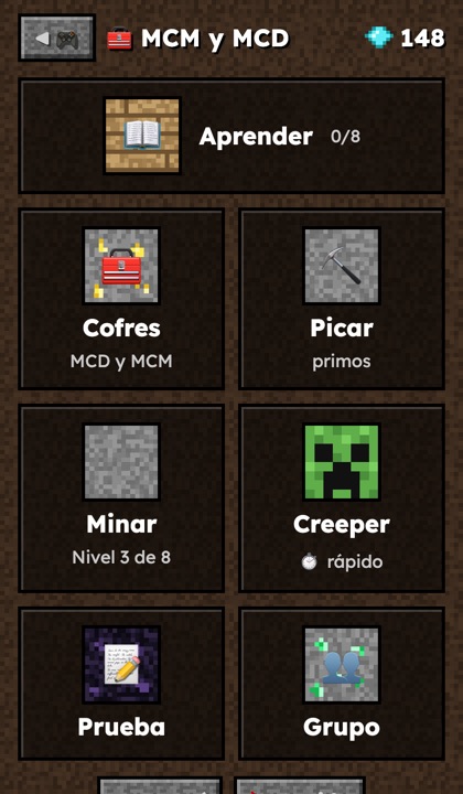 Menú de MathCraft con las opciones Aprender, Cofres, Picar, Minar, Creeper y Prueba
