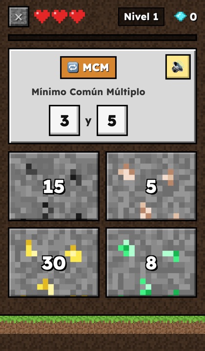 Minijuego Minar: elegir el Mínimo Común Múltiplo entre 2 y 5 picando el bloque correcto