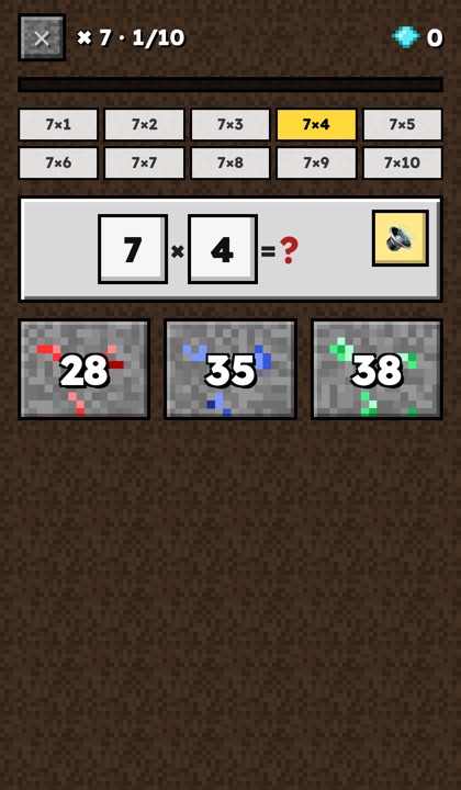 Minijuego Tablas: practicar la tabla del 7 eligiendo el resultado de 7 por 4