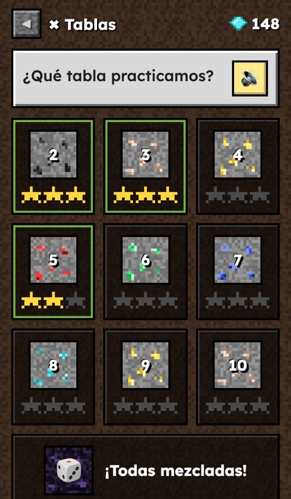 Selector de tablas de multiplicar del 2 al 10 con estrellas de progreso
